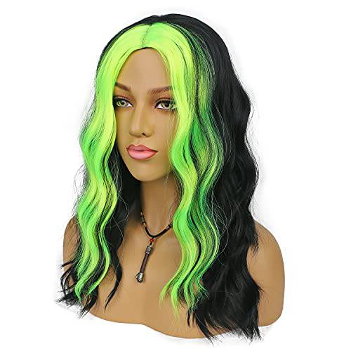 LANCAINI Wavy Synthetic Wigs for Women Middle Part Shoulder Length Wig Cosplay Costume Full Wig Heat Resistant Fiber Wigs for Daily 16inches（Black and Neon Green）