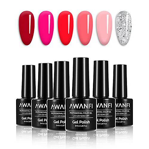 Gel Nail Polish Set - 6 Colors Nude Pink Rose Red Glitter Silver Off UV/LED Lamp Gel Polishes Kit, Christmas New Year Valentine’s Day Girlfriend Gifts for Women Mom
