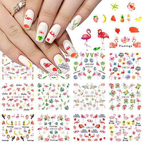 NY Flower Flamingo Nail Art Stickers Decal 12 Sheets Nail Beauty Supplies Flamingo Leaf Flower Fruit Design Water Transfer Stickers Acrylic Decorations for Women Holiday DIY Manicure Tip Accessories