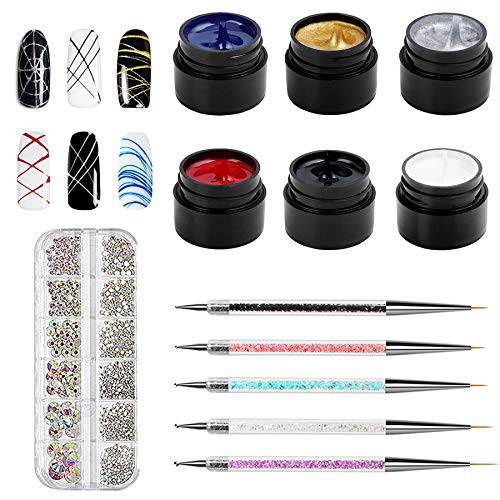 Vtrem 6 Colors 8ML Spider Gel Set with 5 PCs Double Ended Point Drill Drawing Brush Pen Nail Rhinestones Matrix Gel with Gel Paint Design Nail Art Kit Wire Drawing Nail Gel for Line Christmas gifts