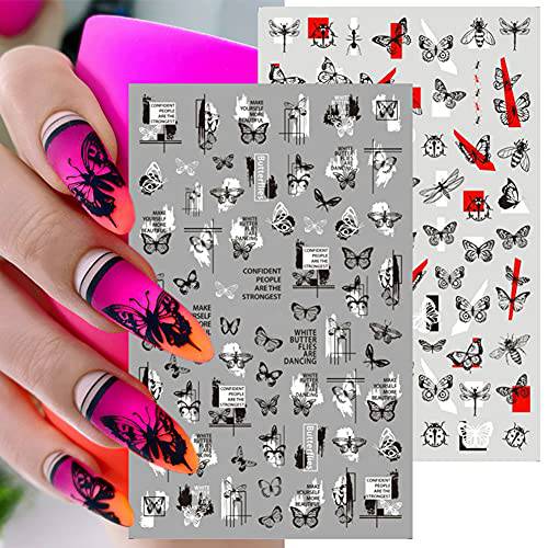 Butterfly Nail Art Stickers Decals Holographic 3D Self Adhesive Black White Leaves Flowers Letter Art Line Rose Flower Butterflies Nail Design for Acrylic Nails Supplies DIY Nail Decoration 5 Sheets