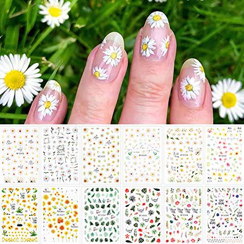 12 Sheet Daisy Sunflower Nail Art Stickers Decals, Kalolary Floral Flower Self-Adhesive Summer Nail Art Leaf Small Daisy Flowers Nail Designs Decals for Women Girl DIY Nail Decoration