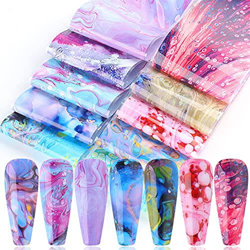 Marble Nail Art Foil Transfer Stickers,Nail Art Flow Color Foil Transfers Holographic Marble Starry Sky Colorful Design for Women Girl Acrylic Nails Supplies Manicure Tips Wraps Decorations 10Pcs