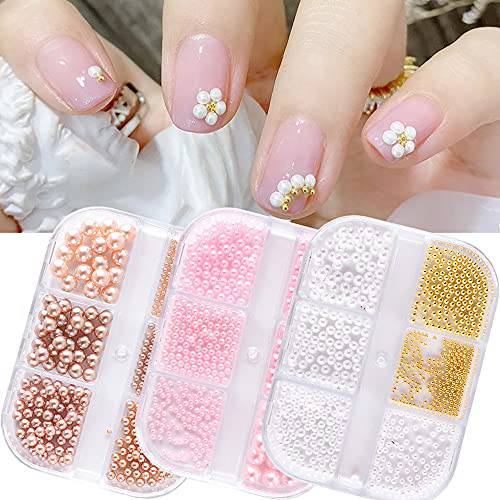 Nail Art Supplies Pearls 3Boxes Nail Jewelry Pearls 3D Nail Art Bright Round Pearl Rhinestones Caviar Beads Mixed Nails Charms Manicure Tips Accessories for Women Acrylic Nail Art Decorations
