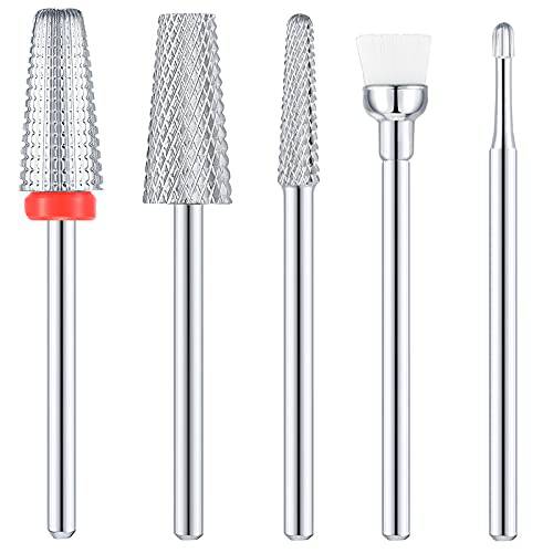 5 Pieces Nail Drill Bits Set, Nail Carbide 5 in 1 Bit-Two Way Rotate Use, Tapered Barrel Carbide Nail Bit, 3/32 Inch Cone Shape Carbide Bit, Snake Head Cuticle Clean Nail Carbide Bit and Brush Bit