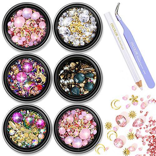 DANNEASY 6 Boxes Nail Diamonds 3d Nail Charms Large Nail Gems Crystals Moon Feather Gold Nail Studs Flat-back Nail Rhinestone Nail Decoration with 1pc Curved Tweezers, Wax Pen