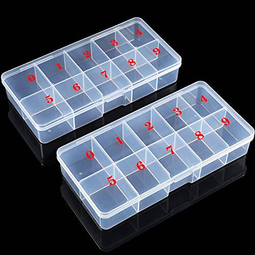 2 Pieces Nail Tip Box False Empty Nail Tips Organizer Storage Box with 10 Number Spaces Storage Case Container Nail Box Plastic Grid Box for Fingernail Crystal, Jewelry, Nail Accessories (White)