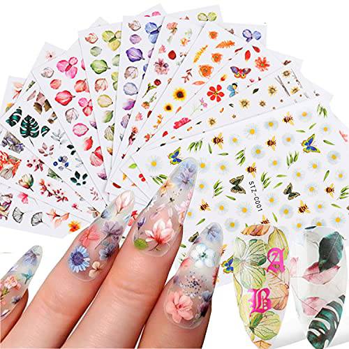 Flower Nail Art Stickers Decals Flower Nail Supply Nail Stickers Set Maple Leaf Flower Butterfly Double Color Pattern 3D Slider Leaves Daisy Manicure Gel Nail Decals Tip 11pcs