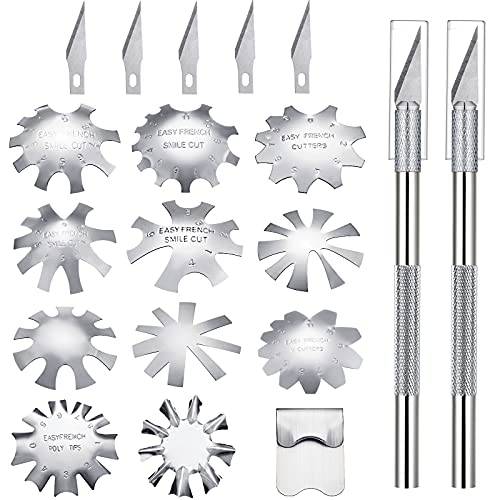 12 Pieces French Nail Trimmer Stainless Steel French Tip Cutters Smile Line Cutter Edge Manicure DIY Plate Module with 2 Handles French Tip Cutting Knife and 5 Spare Blade for Acrylic Nail (Silver)
