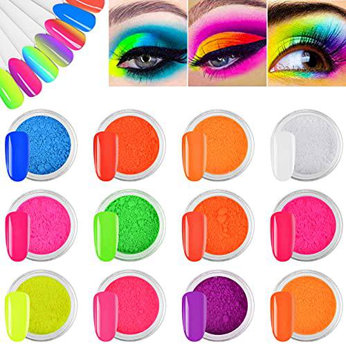 12 Colors Neon Pigment Nail Powder, Kalolary Fluorescent Iridescent Acrylic Matte Powder for Birthday Party Eyeshadow Makeup Nail Art Decoration
