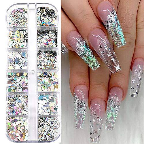 Nail Art Glitter Sequins, Holographic Nail Art Supplies Flakes, 12 Grids Laser Silver Nail Decals Sparkle Paillette Confetti for Acrylic Nails Decorations, DIY, Craft,Makeup Manicure Body