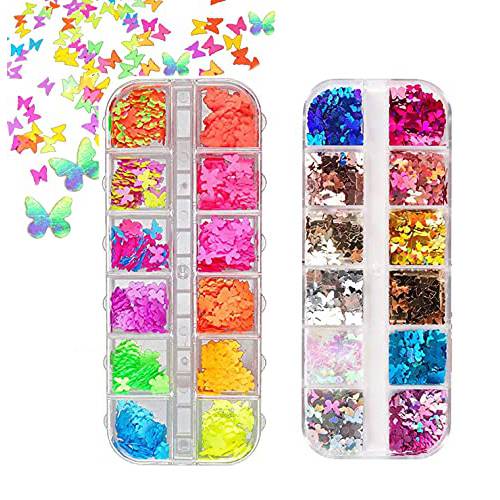24 Colors Butterfly Nail Glitter Decor Sequins,SWETIDY 3D Holographic Butterfly Nail Decals Flakes for Acrylic Nails Manicure Paillettes Ultrathin Face Body Glitters and Nail Art Decoration & DIY