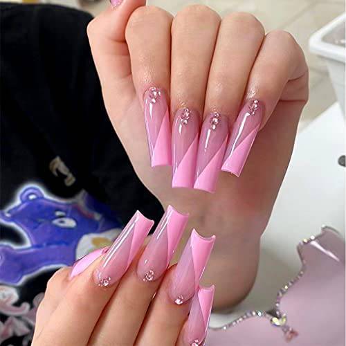 RikView Press on Nails Long Fake Nails Coffin Blue Nails Glossy Acrylic Nails for Women with Swirls Design