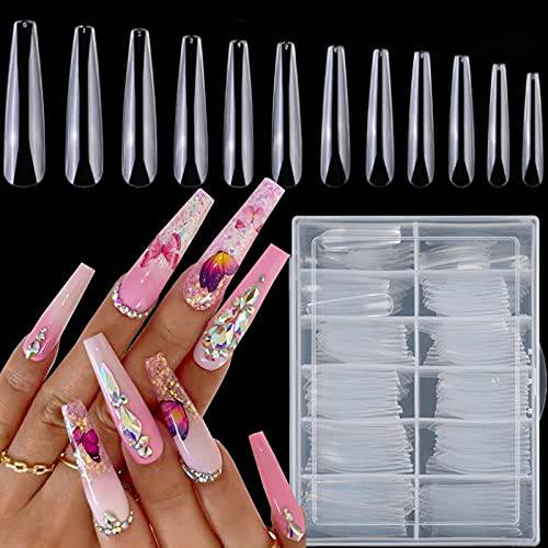 LoveOurHome 240pc Coffin Acrylic Nail Art Tips Kit Extra Long Ballerina Shape Artificial False Fake Nails Full Cover 12 Sizes for Women Girls Nail Designs. (XL Coffin Full Cover)