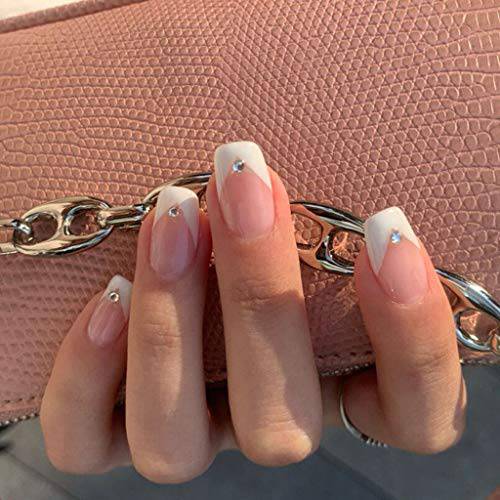 RikView French Acrylic Nails with Rhinestones Square Glossy Press on Nails Short V Nails Design White Nude Full Cover Prom Nails with Glue Sticker Fake Nails 24PCS/Set (A-Crystal)