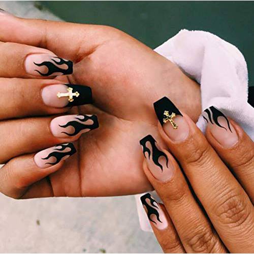 MISUD Short Press on Nails, Black Flame Square Fake Nails, Matte False Nails, Full Cover Acrylic Nails, Artificial Glue on Nails Party Costume for Women and Girls 24Pcs