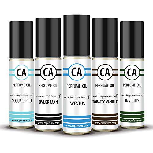 CA Perfume All Time Classic Men Set Impression of ( Aventura + Aqua Di Giorgi + Invincible + Bvlg. Man + Tobacco Vanilla ) Fragrance Body Oils Essential Sample Travel Size Roll-On ( 0.3 Fl Oz/10 ml) x5