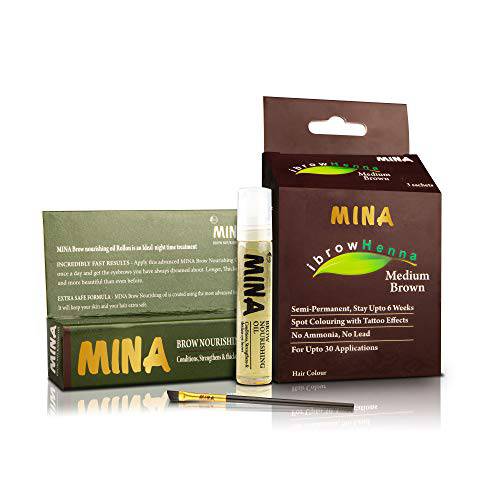 MINA ibrow Henna Hair Color Semi Permanent Henna Kit Medium Brown (Medium Brown with Brush and Oil)