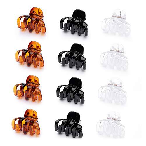 Cobahom 12 Pack Small Hair Claw Clips 1.2 Inch Plastic Hair Clips for Thin Hair No-Slip Mini Hair Clip Hair Styling Accessories for Women and Girl, Black, Brown and White