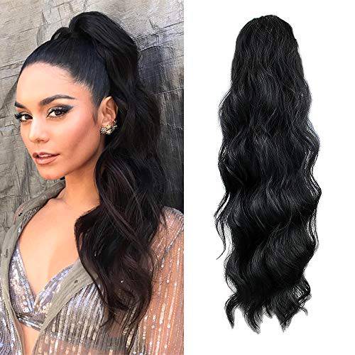 KETHBE 24 Inch Long Body Wave Ponytail hair Extension Synthetic Heat Resistant Wrap Around Drawstring Curly Wavy Ponytail Hairpieces for Women(Black)