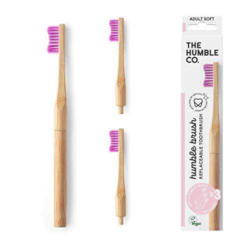 The Humble Co. Biodegradable Bamboo Toothbrush & 3 Toothbrush Heads Vegan and Eco Friendly Toothbrushes for Sustainable Zero Waste Oral Care, BPA Free Soft Bristle Toothbrush (Purple)