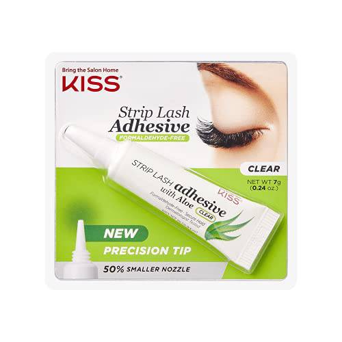 KISS Clear Strip Lash Adhesive with Aloe, Dermatologist Tested, Formaldehyde Free, Non-Irritant, Contact Lens Friendly, Secure Hold, Contains Latex, with Control Nozzle Tip, 0.24 Ounce