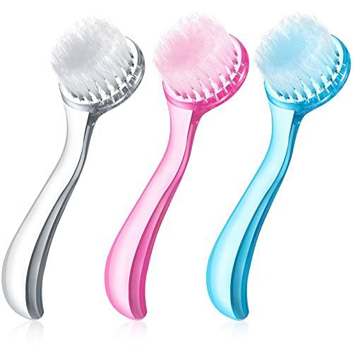 Facial Cleansing Brush Scrub Exfoliating Facial Brush with Acrylic Handle Soft Bristle Facial Brush Face Wash Scrub Exfoliator Brush for Face Care Skincare Removal, 3 Pieces (Clear, Blue, Pink)