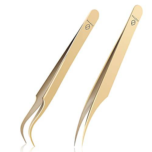 FERYES Lash Tweezers for Eyelash Extensions, Professional Dolphin & Boot Tweezers, Stainless Steel Lash Extension kit, Volume Precision Eyelash Tweezer with Tin Box, 2 Pcs, Gold-plated