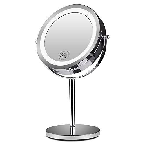Quinskkin Lighted Makeup Mirror，8 Rechargeable Magnifying Makeup Mirror 7X Magnification with Light and Stand,3 Color 360°Led Makeup Personal Beauty Mirror for Desk Table Vanity Cosmetic(Black)