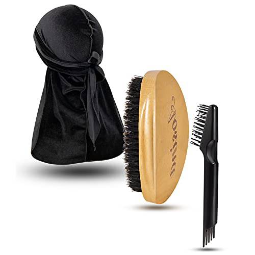 Wave Brush and Black Velvet Durag Kit for Waves Boar Bristle Hair Brush Set for Men by Aosina 360