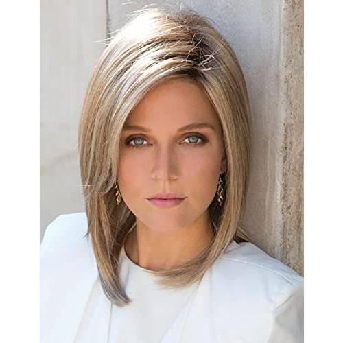 RENERSHOW Short Blonde Wigs for White Women Ombre Blonde Bob Wig Synthetic Medium Length Wigs for Women Straight Short Hair Wigs with Bangs