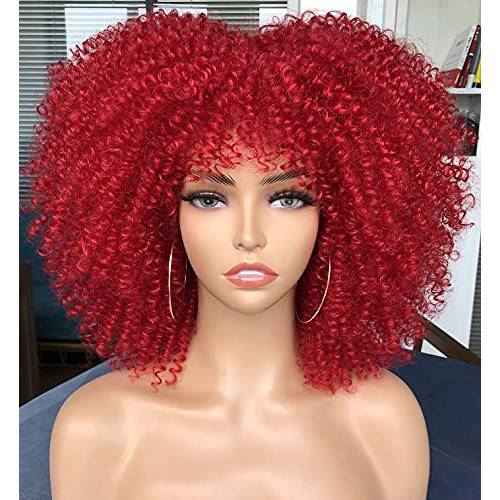 SOFUN Short Curly Afro Wigs with Bangs for Black Women Short Kinky Curly Wig Synthetic Fiber Full Hair Wig(Red)
