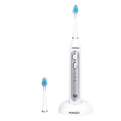 MUNAIQUI Sonic Power Electric Toothbrush with Timer, Rechargeable Smart Toothbrush for Teeth Whitening Breath Freshing Gum Massaging for Adults, 3 Modes and 2 Brush Heads