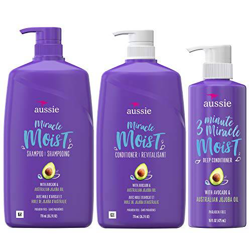 Aussie Miracle Moist Shampoo, and 3 Minute Miracle Deep Conditioner Hair Treatment Bundle, Infused with Avocado & Australian Jojoba Oil, Paraben Free, White, Citrus, 3 Piece Set