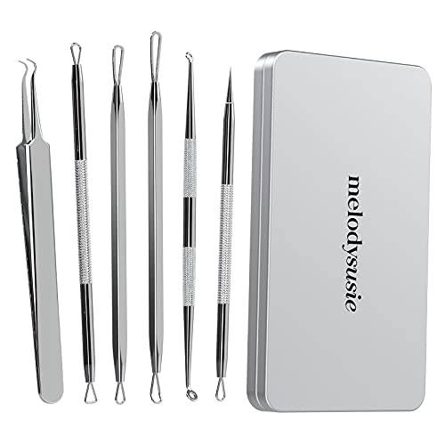 MelodySusie Blackhead Remover Pimple Popper Tool Kit Comedone Extractor Blackhead Extractor Set for Nose Face, Professional Stainless Steel Blemish Whitehead Removal Tools with Metal Case, Silver