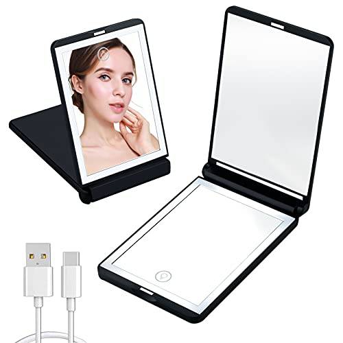 Feruaro Travel Mirror, Rechargeable Lighted Compact Makeup Mirror with Dimmable Led Lights, Portable Touch Switch Travel Makeup Mirror, Folding 1X & 2X Travel Magnifying Mirror (Black)