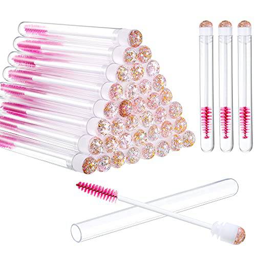80 Pieces Disposable Mascara Brushes Tubes Set, 40 Pieces Empty Mascara Wand Tube with 40 Pieces Eyelash Brush Makeup Tool Cleaning Brush for Eyelash Extension (Pink Gold Sequins Style)