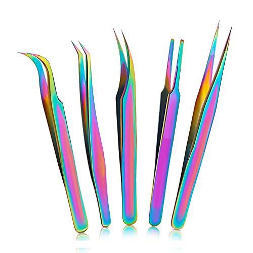 Generl Rainbow Tweezers Set for Eyelash Extensions Straight and Curved Stainless Steel Precision Tweezer for Lash Nail Art Ingrown Hair Craft Work 5 Pcs, 5 inches
