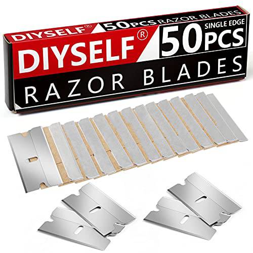 DIYSELF 50 Pack Razor Blades Single Edge, Industrial Razor Blade, Scraper Blades for Removing Decals, Stickers, Labels, Caulk, Adhesive, Flat Razor Blade for Windows and Glass