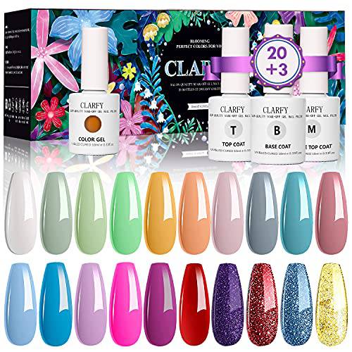 Gel Nail Polish with Larger Capacity, CLARFY 20+3 Fall Winter Gel Nail Polish Kit with Base Coat, Matte and Glossy Top Coat, Pink Blue White Gel Set for Salon, DIY Manicure, Christmas Gifts for Girls