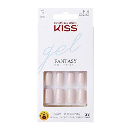 KISS Gel Fantasy Ready-to-Wear Press-On Gel Nails, “Here I Am”, Short, White, Nail Kit with 24 Mega Adhesive Tabs, Pink Gel Glue, Manicure Stick, Mini File, and 28 Fake Nails