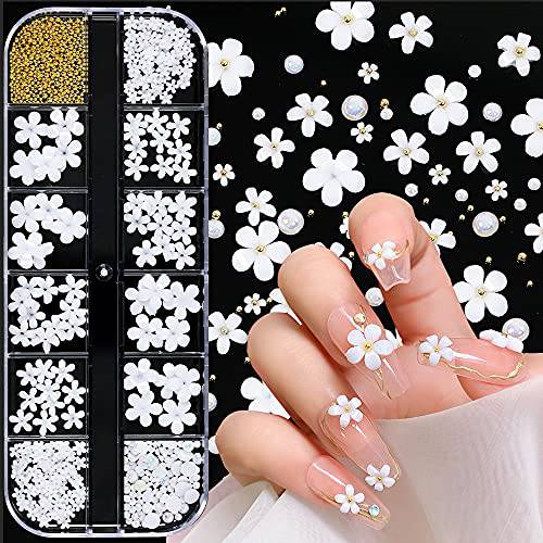 250PCS Golden beads Nail Art Charms Nail Glitter Decals White Flower 3D Nail Art Supplies Mixed Design Decoration DIY Jewelry Salon Acrylic Stud Nail Accessories for Women