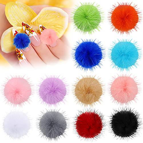 12 Pieces Nail Poms Fluffy Balls 3D Detachable Nail Pompoms Faux Fur Pom Ball Nail Plush Fur Balls for Women DIY Art Nail Design Decoration (Bright Colors)