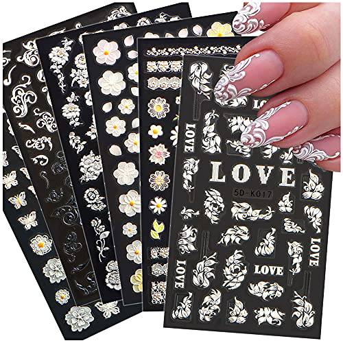 Dornail 6 Sheets 5D Stereoscopic Embossed Nail Stickers Engraved Lace Flowers Butterfly Nail Decals Nail Art Stickers DIY Nail Design Decoration Accessories