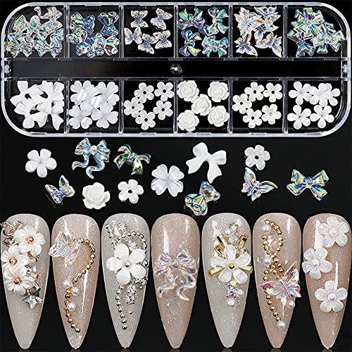 Flower Nail Art Charms Decoration 60pcs Glitter Butterfly Flower Nail Glitter Decals Stickers Design 3D White Flower Mixed Nail Flatback Butterfly Design Acrylic Nail Stud Jewelry for Women Nail Salon