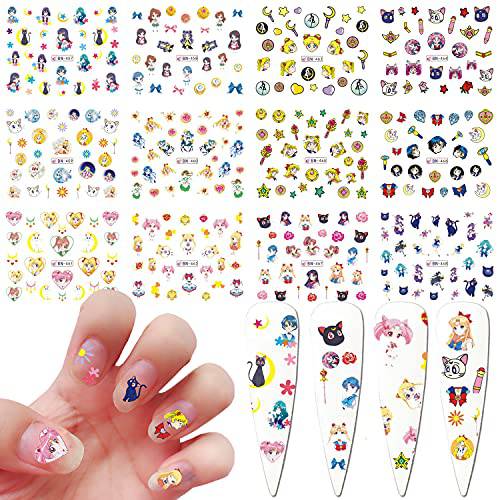Cartoon Nail Stickers Anime Moon Girl Nail Art Water Decals Transfer Foils for Nails Supply Art Watermark Designer Nail Art Flower Design Nail Tattoos for Women Nail Supplies Manicure Decoration 12PCS