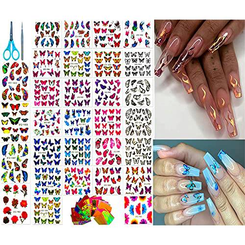 Twinscorp 46 Sheets Butterfly Nail Decals and Fire Nail Stickers - 875 Easy to Use Flame and Butterfly Nail Art Stickers with Strong Adhesion - Plus a Pair of Scissors and Tweezers.