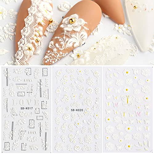 Gexo Nail Stickers Butterfly Flower Nail Decals Stereoscopic Embossed Nail Art Stickers 3 Sheets Butterfly Floral 5D Self-Adhesive Nail Sticker for Acrylic Nail Design Nail Decoration for Women