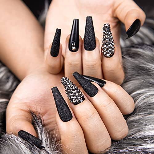 Kikmoya Extra Long Coffin Press on Nails, Crystal Luxury Nails with Grey Black Rhinestones, Black Pure Color Glitter, 24pcs Glossy False Nails Fake Tips, Finger Manicure for Women and Girls (K26)