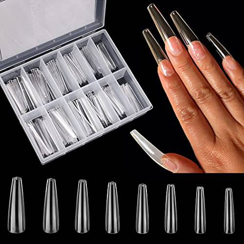 240 Pcs Extra Long Full Cover Nail Tips, XXL Ballerina False Nails Clear French Nail Coffin Shape Super Long for DIY Finger with Box,12 sizes2
